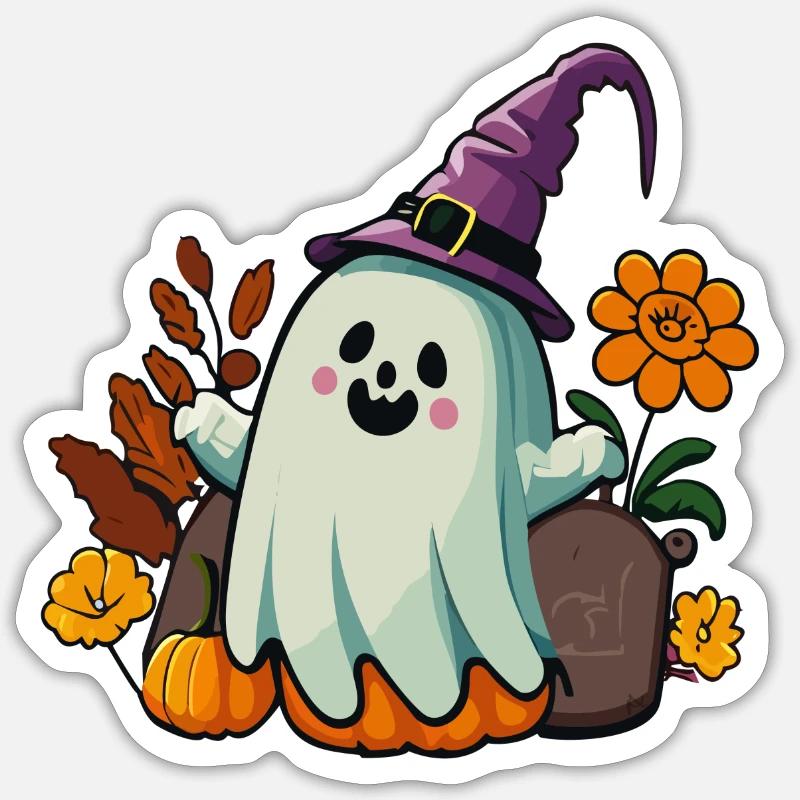 Cute ghost with witch hat, Halloween Sticker size S (10 x 10 cm)