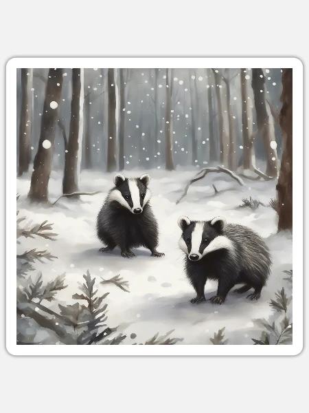 Kleine Dachse im Schnee - Sticker Größe S (10 x 10 cm) - Mattweiß