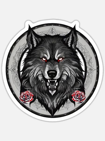 Grimmiger Wolf mit Rosen - Sticker Größe S (10 x 10 cm) - Mattweiß