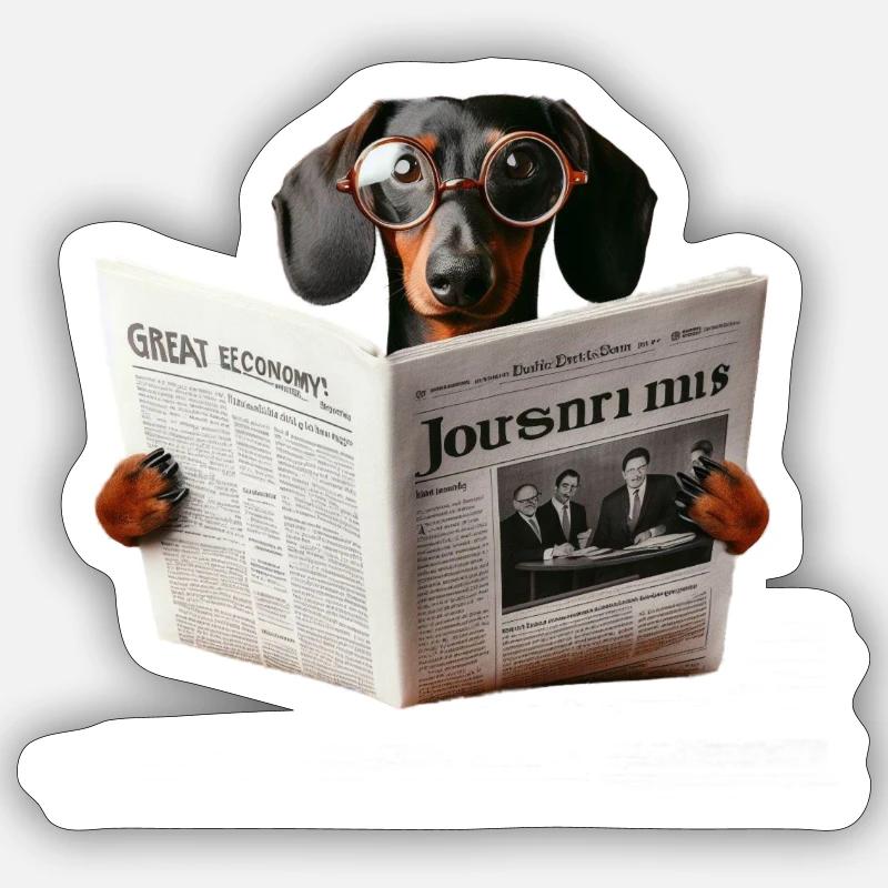 Teckel avec du papier journal - Sticker taille S (10 x 10 cm) - blanc mat