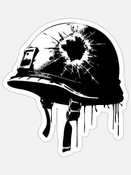 Kriegshelm mit Einschussloch | Antikriegsbild - Sticker Größe S (10 x 10 cm) - Mattweiß