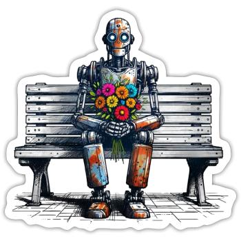 roboter bank blumen robot love rostig kunst - Sticker Größe S (10 x 10 cm) - Mattweiß - Vorne