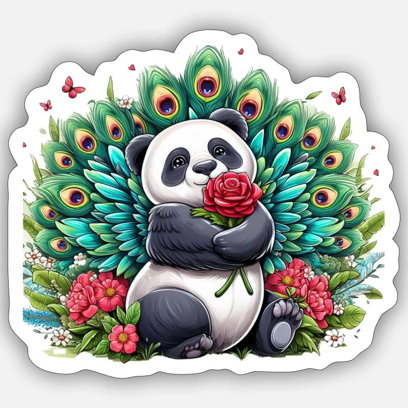 Peacock Hugging Panda - Sticker Größe S (10 x 10 cm) - Mattweiß