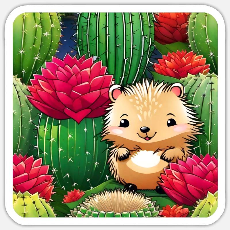 Hérisson mignon dans un champ de cactus - Sticker taille S (10 x 10 cm) - blanc mat