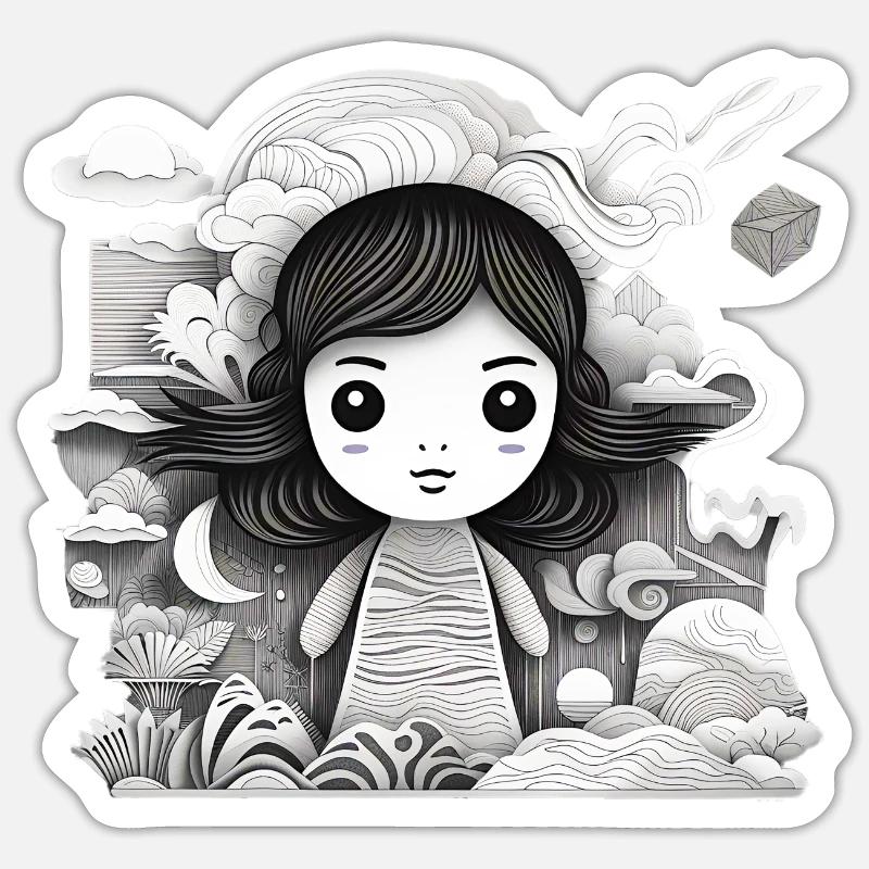 Collage Modern-Stil/Kleines Mädchen + Landschaft Sticker Größe S (10 x 10 cm)