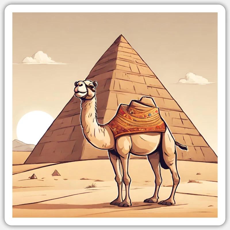 Chameau dans le désert devant la pyramide Sticker taille S (10 x 10 cm)
