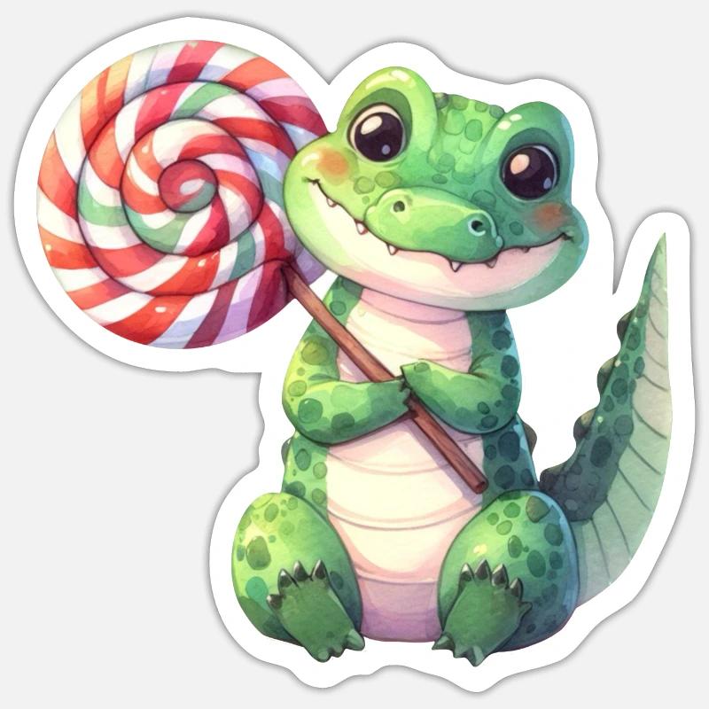 Petit crocodile mignon avec une grosse sucette - Sticker taille S (10 x 10 cm) - blanc mat