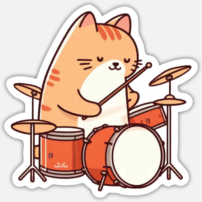 Chat batteur - Sticker taille S (10 x 10 cm) - blanc mat