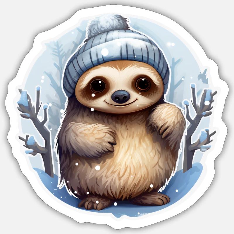 cold season sloth with cap - Sticker size S (10 x 10 cm) - white matte