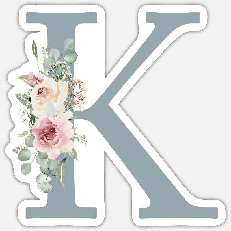 K| Monogramm | Eukalyptus-Pastell-Blumen-Blau - Sticker Größe S (10 x 10 cm) - Mattweiß