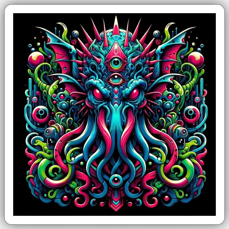 Buntes, detailliertes Cthulhu-Design in Graffiti - Sticker Größe S (10 x 10 cm) - Mattweiß