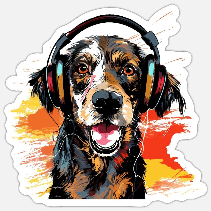 Witziger Hund mit Kopfhörer Hunde Design - Sticker Größe S (10 x 10 cm) - Mattweiß