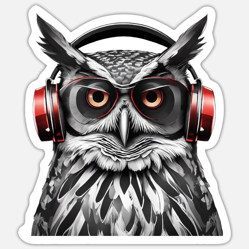 Coole Eule mit Kopfhörer - Sticker Größe S (10 x 10 cm) - Mattweiß