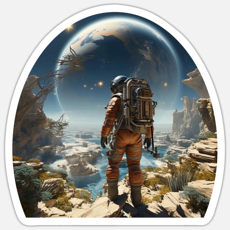 Un astronaute explore des mondes extraterrestres - Sticker taille S (10 x 10 cm) - blanc mat