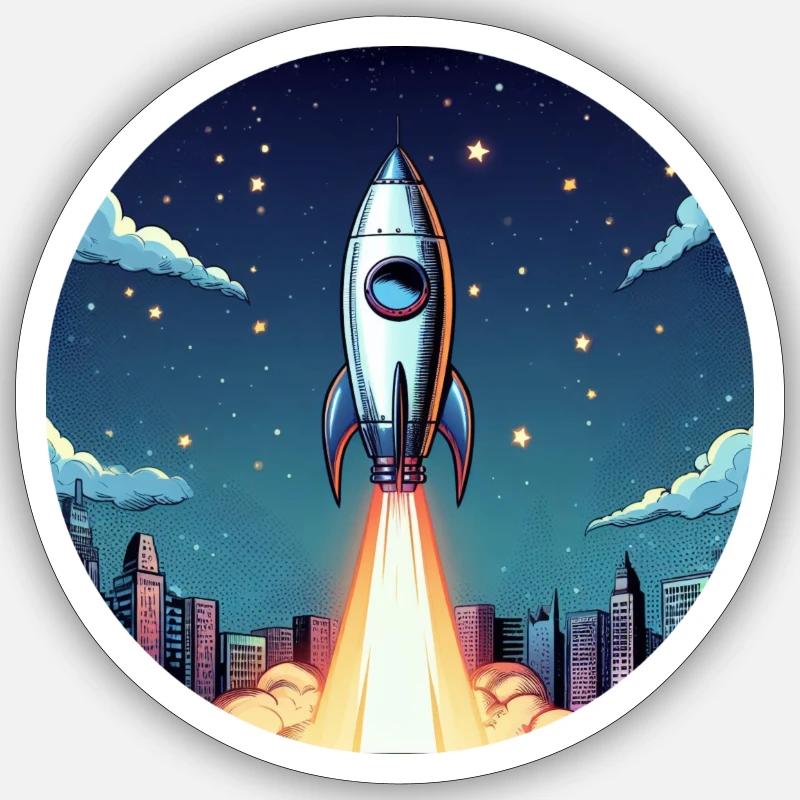 Lancement d’une fusée dans l’espace devant le ciel nocturne dans un style comique Sticker taille S (10 x 10 cm)