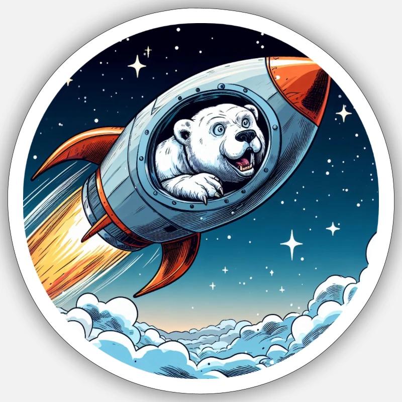 aufgeregter Eisbär in einer Rakete Comic Sticker Größe S (10 x 10 cm)