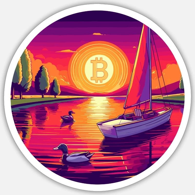 Bitcoin Sunset: Eine einzigartige und farbenfrohe digitale Kunst - Sticker Größe S (10 x 10 cm) - Mattweiß