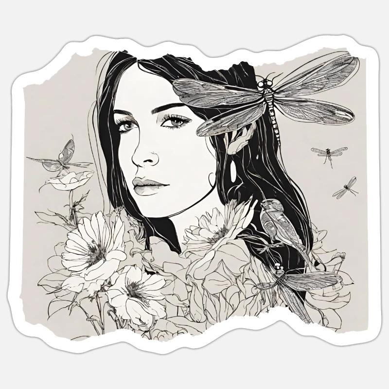 Mädchen mit Libelle im Haar - Sticker Größe S (10 x 10 cm) - Mattweiß