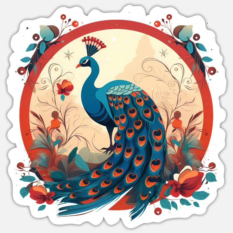 Oiseau paon avec des éléments de floal - Sticker taille S (10 x 10 cm) - blanc mat