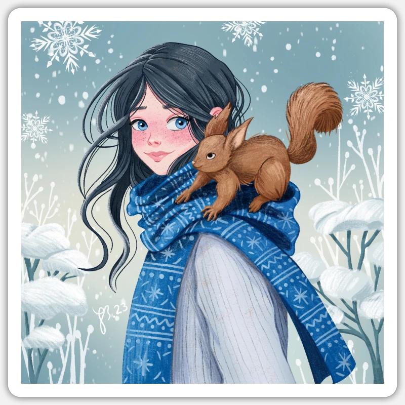 Erster Schnee, Wintertag mit Eichhörnchen - Sticker Größe S (10 x 10 cm) - Mattweiß
