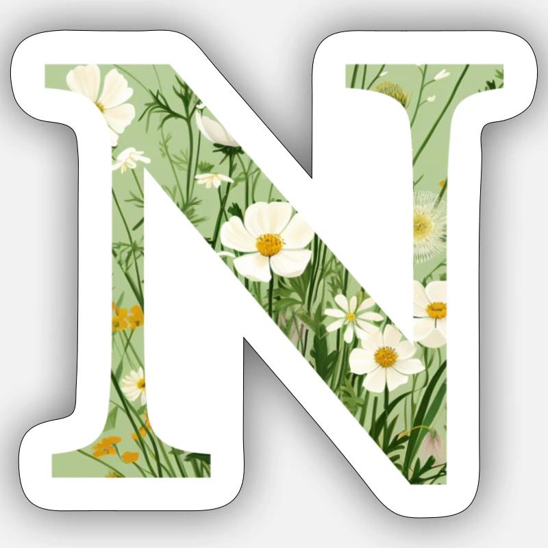 Buchstabe N, Monogramm, Blumenmuster - Sticker Größe S (10 x 10 cm) - Mattweiß