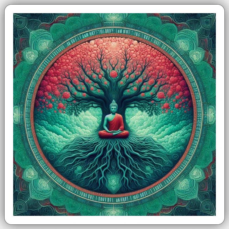 Bouddha sous un séquoia - Sticker taille S (10 x 10 cm) - blanc mat