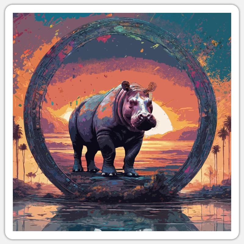 Hippopotamus,Painting,Sunset,Circle,Landscape - Sticker size S (10 x 10 cm) - white matte