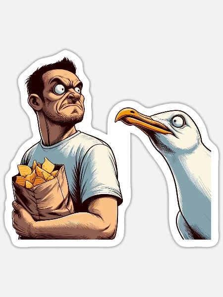 Duell Mann mit Chips gegen Möwe - Sticker Größe S (10 x 10 cm) - Mattweiß