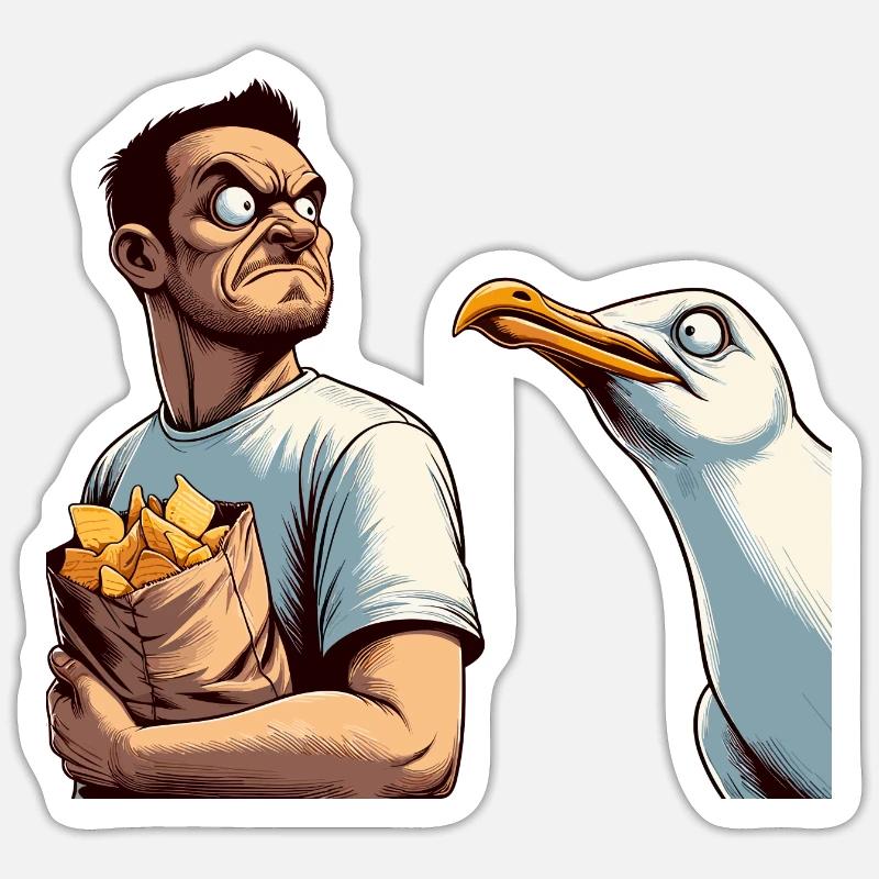 Duell Mann mit Chips gegen Möwe Sticker Größe S (10 x 10 cm)