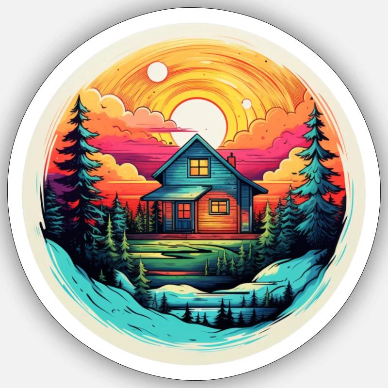 Cabane forestière au coucher du soleil - Tiny House Sticker taille S (10 x 10 cm)