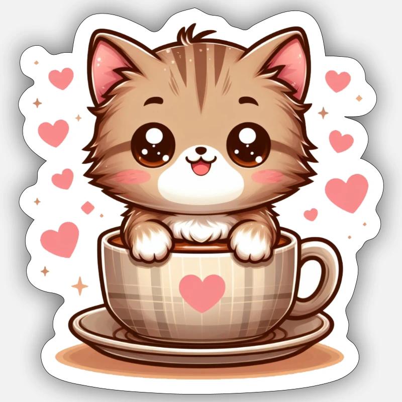 Katze mit Kaffeebecher 2 - Sticker Größe S (10 x 10 cm) - Mattweiß