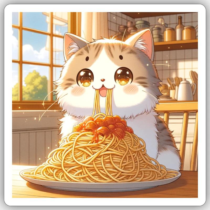 un chat mignon mangeant des spaghettis Sticker taille S (10 x 10 cm)