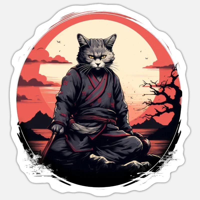 Katze Samurai - Sticker Größe S (10 x 10 cm) - Mattweiß