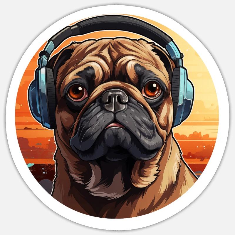 Mops mit Kopfhörer - Sticker Größe S (10 x 10 cm) - Mattweiß