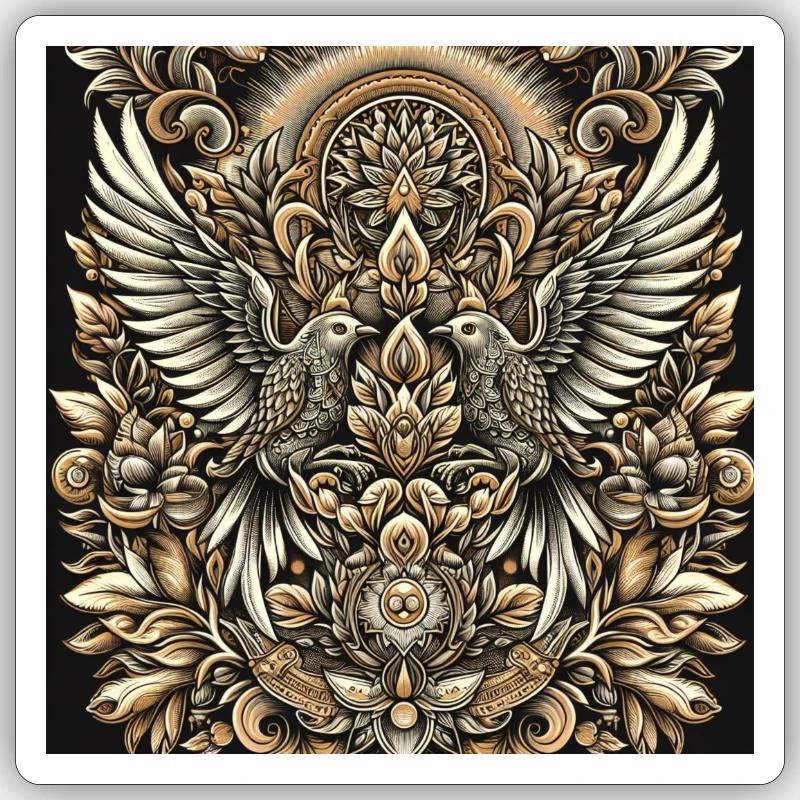 Mandala oiseau avec des fleurs - Sticker taille S (10 x 10 cm) - blanc mat