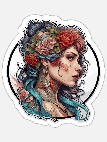 Frau / hübsch / Porträt / Tattoo / Model - Sticker Größe S (10 x 10 cm) - Mattweiß