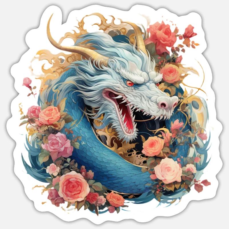 Dragon avec des fleurs - Sticker taille S (10 x 10 cm) - blanc mat