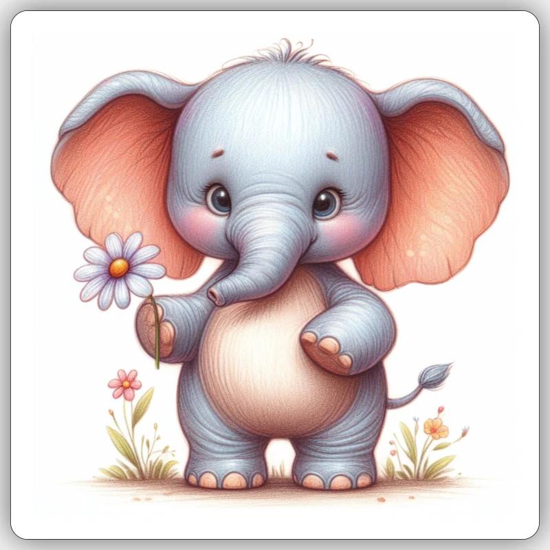 Bébé éléphant avec une fleur Sticker taille S (10 x 10 cm)