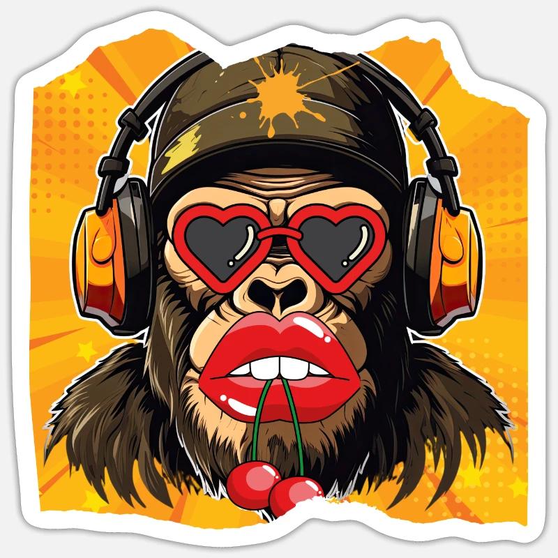 Singe et cerise - Sticker taille S (10 x 10 cm) - blanc mat
