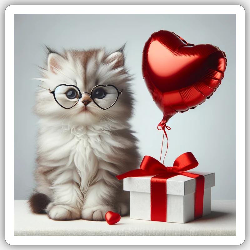 Ein süßes Kätzchen, das einen Luftballon hält - Valentinstag Sticker Größe S (10 x 10 cm)