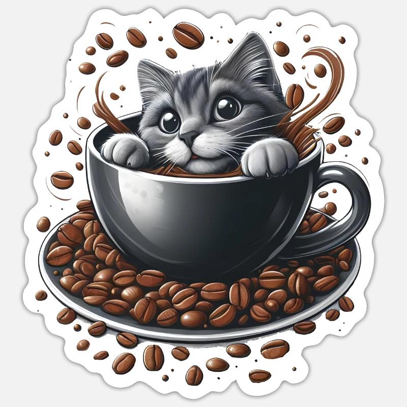 Kaffee-Katze - Sticker Größe S (10 x 10 cm) - Mattweiß
