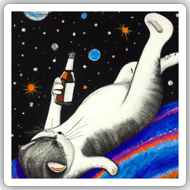 Drunk cat in space. - Sticker size S (10 x 10 cm) - white matte