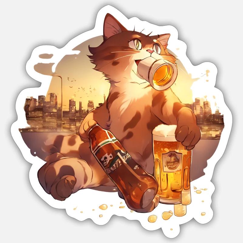 Paws & Pints: Katze mit Bier-Tee - Sticker Größe S (10 x 10 cm) - Mattweiß