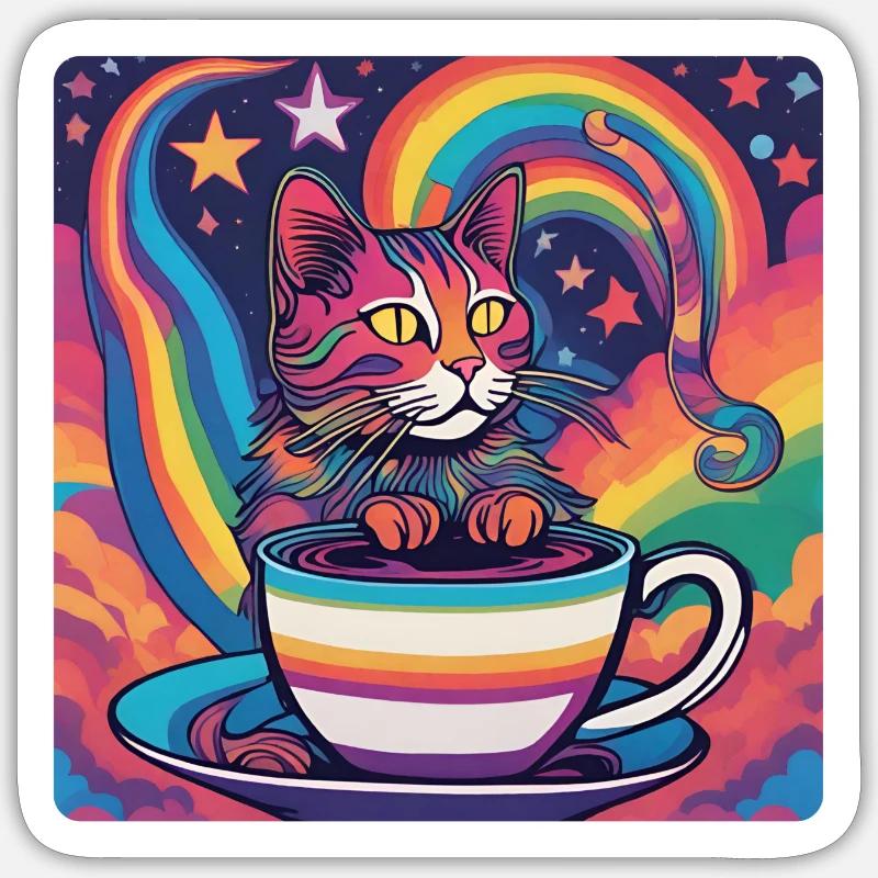 Chat Astrophe Café - Sticker taille S (10 x 10 cm) - blanc mat