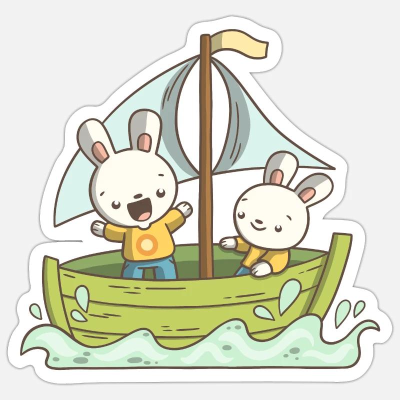 Deux lapins sur un bateau - Sticker taille S (10 x 10 cm) - blanc mat