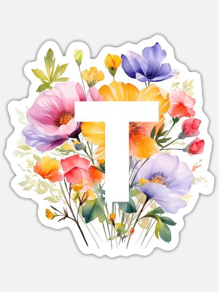 T Monogramm , bunter Blumenstrauss - Sticker Größe S (10 x 10 cm) - Mattweiß