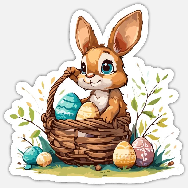 Hase mit einem befüllten Osterkorb mit Eiern - Sticker Größe S (10 x 10 cm) - Mattweiß