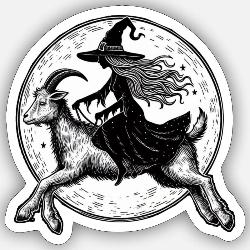 Witch rides on a billy goat Sticker size S (10 x 10 cm)