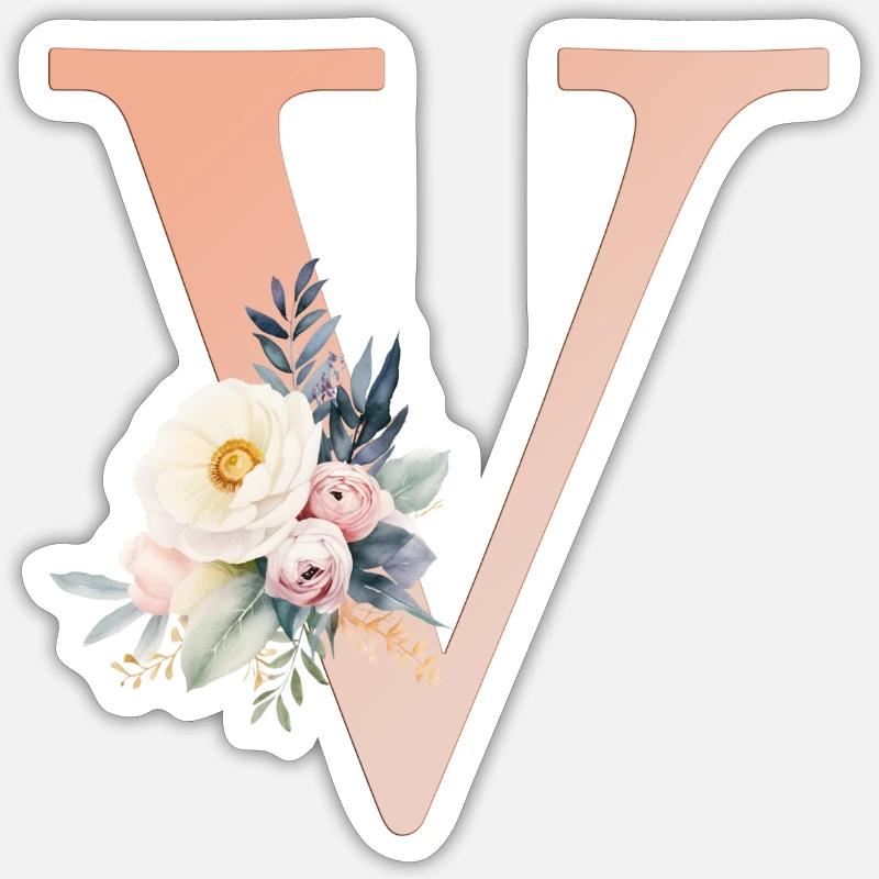 V Monogramm , Floral, Boho - Sticker Größe S (10 x 10 cm) - Mattweiß