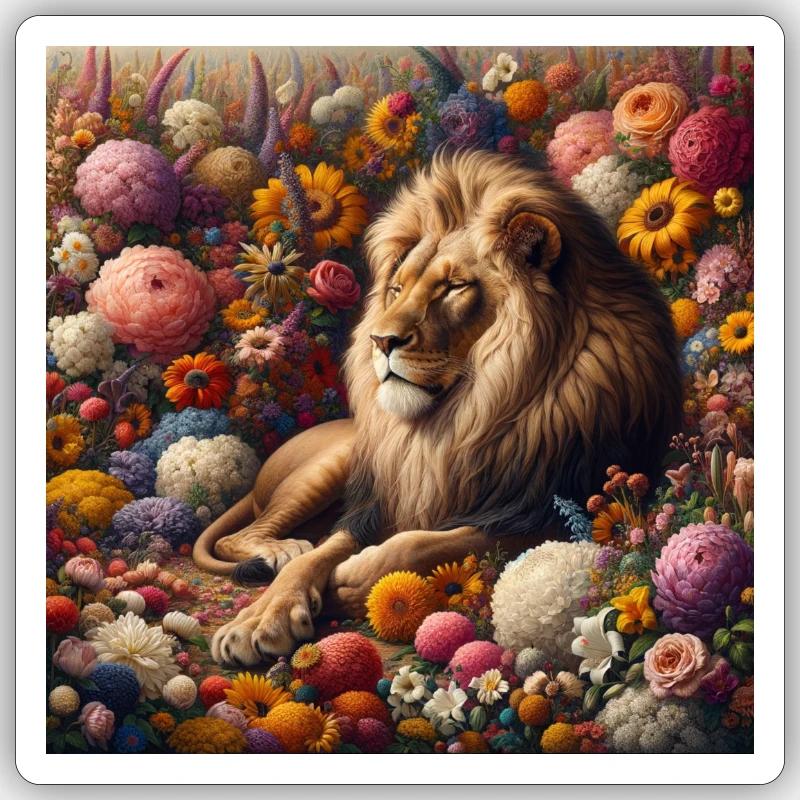 Löwe im Blütenmeer - Sticker Größe S (10 x 10 cm) - Mattweiß